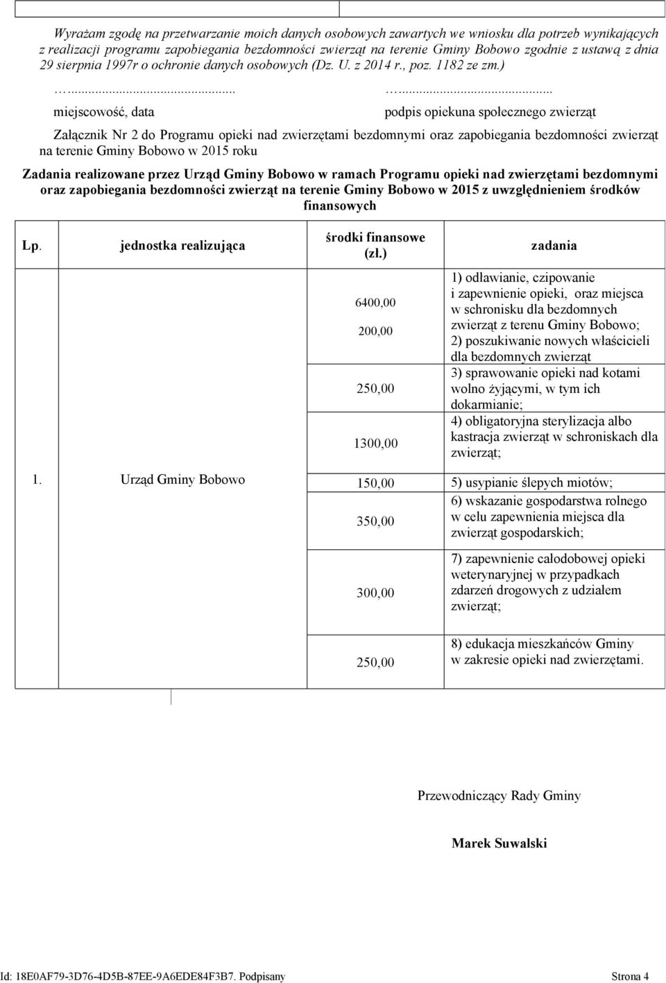 ..... miejscowość, data podpis opiekuna społecznego zwierząt Załącznik Nr 2 do Programu opieki nad zwierzętami bezdomnymi oraz zapobiegania bezdomności zwierząt na terenie Gminy Bobowo w 2015 roku