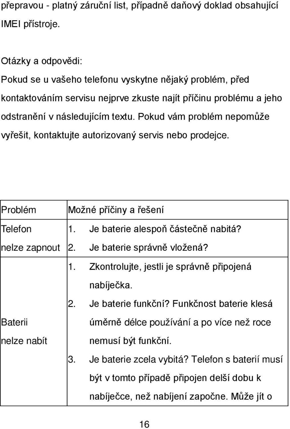 Pokud vám problém nepomůže vyřešit, kontaktujte autorizovaný servis nebo prodejce. Problém Telefon nelze zapnout Možné příčiny a řešení 1. Je baterie alespoň částečně nabitá? 2.