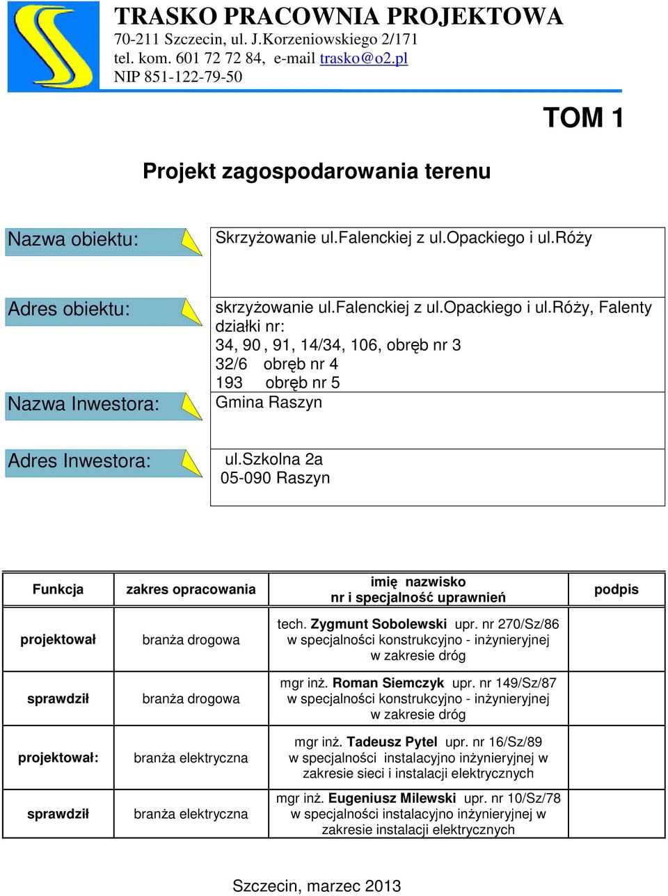 róŝy Adres obiektu: Nazwa Inwestora: skrzyŝowanie ul.falenckiej z ul.opackiego i ul.