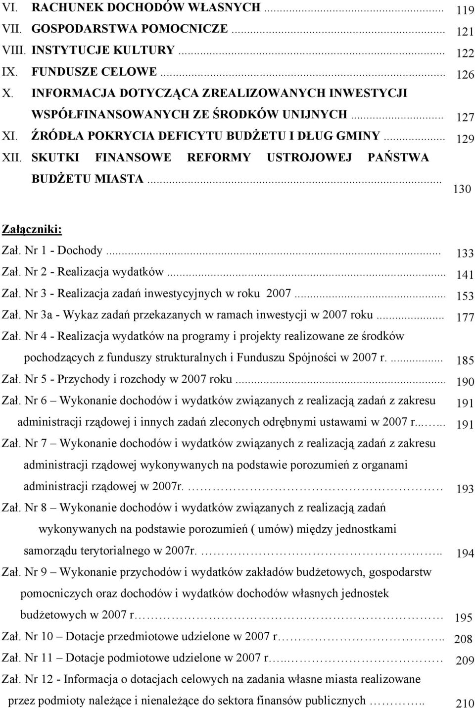 .. 141 Zał. Nr 3 - Realizacja zadań inwestycyjnych w roku 2007... 153 Zał. Nr 3a - Wykaz zadań przekazanych w ramach inwestycji w 2007 roku... 177 Zał.