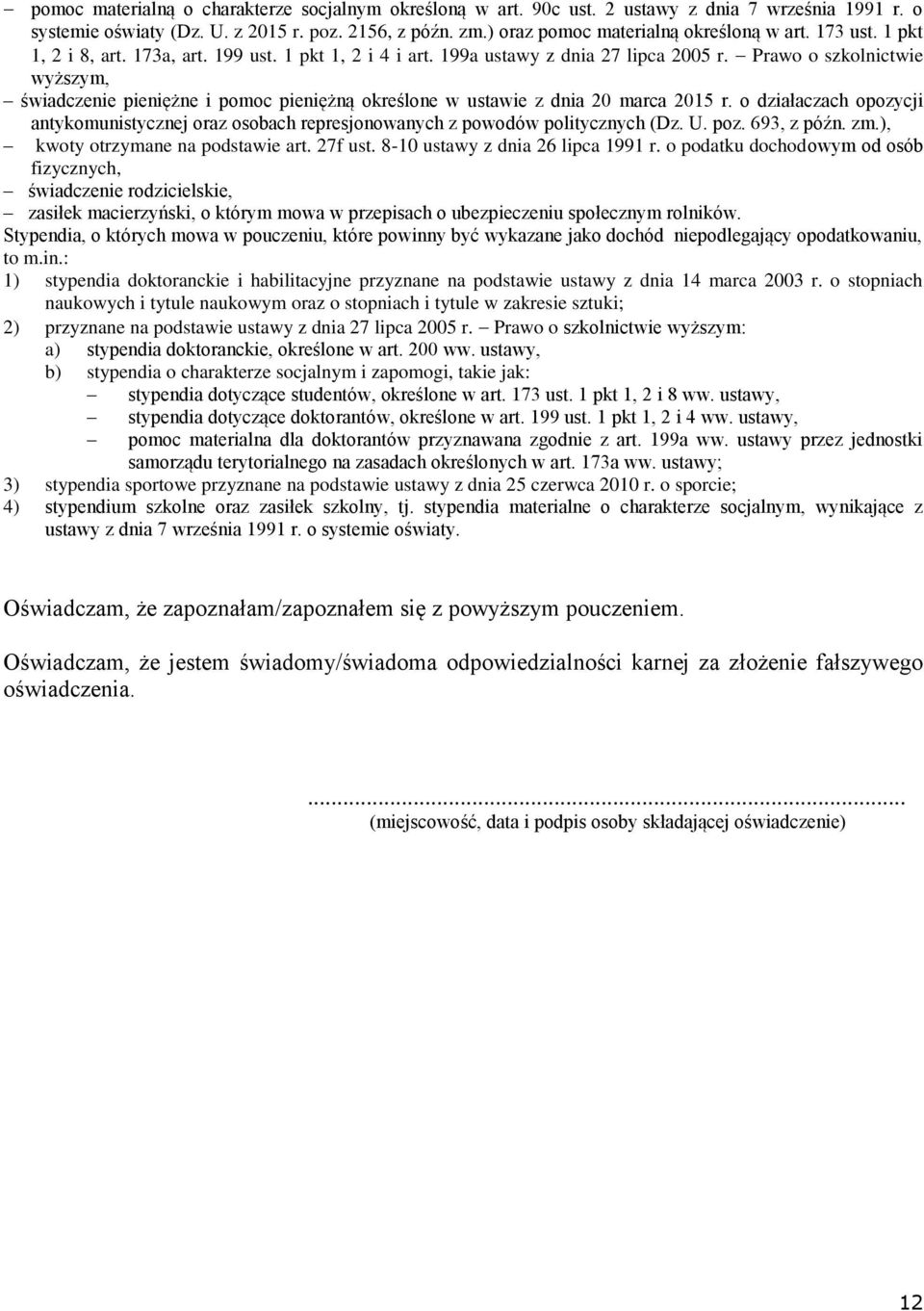 Prawo o szkolnictwie wyższym, świadczenie pieniężne i pomoc pieniężną określone w ustawie z dnia 20 marca 2015 r.