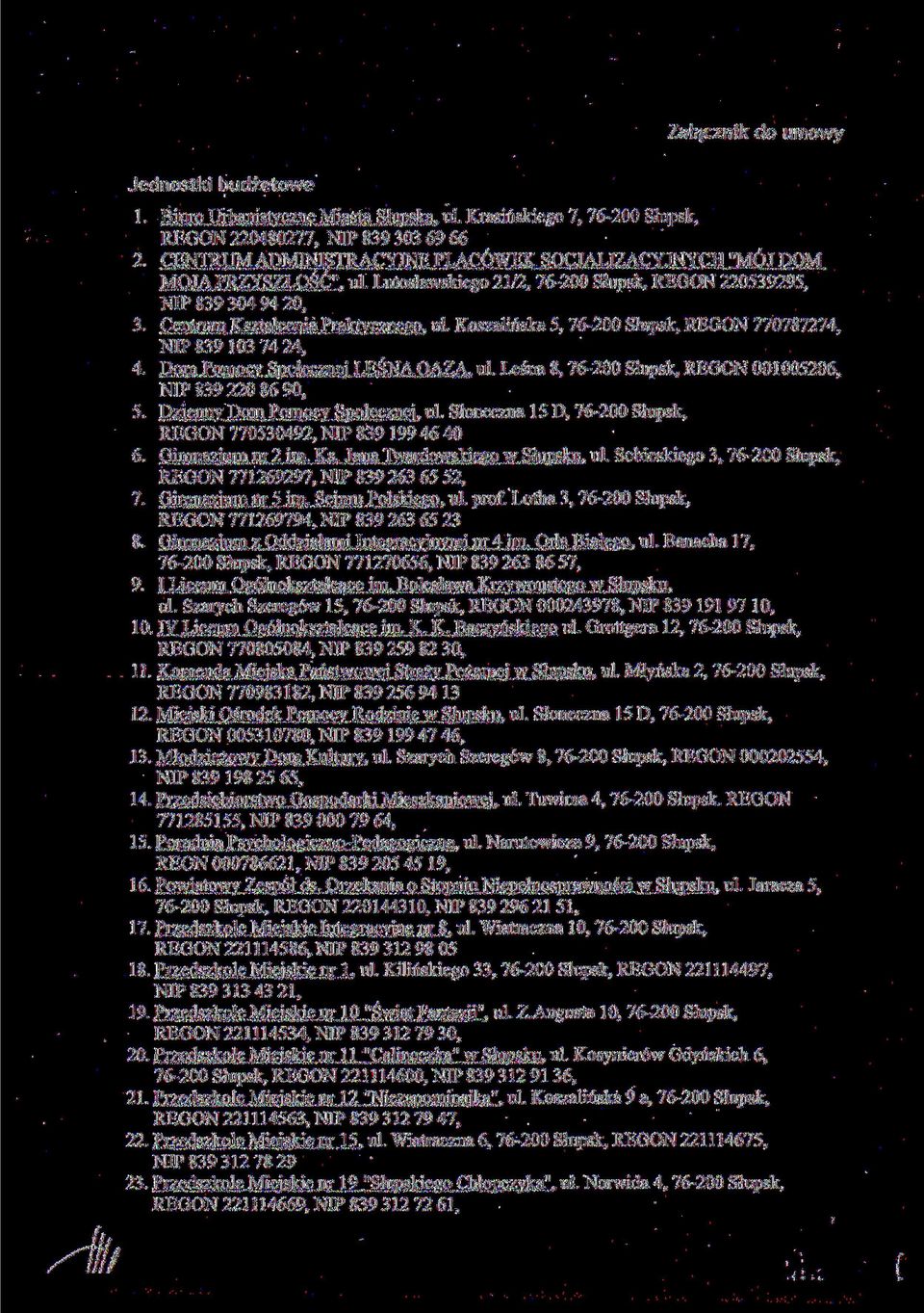 Koszalińska 5, 76-200 Słupsk, REGON 770787274, NIP 839 103 74 24, 4. Dom Pomocy Społecznej LEŚNA OAZA, ul. Leśna 8, 76-200 Słupsk, REGON 001005206, NIP 839 220 86 90, 5.