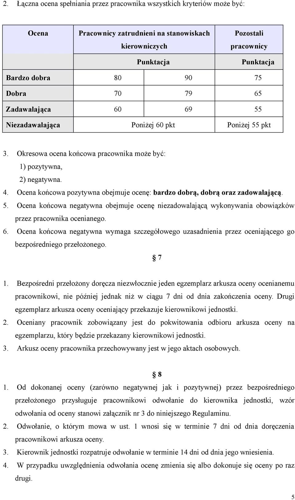 Ocena końcowa pozytywna obejmuje ocenę: bardzo dobrą, dobrą oraz zadowalającą. 5. Ocena końcowa negatywna obejmuje ocenę niezadowalającą wykonywania obowiązków przez pracownika ocenianego. 6.