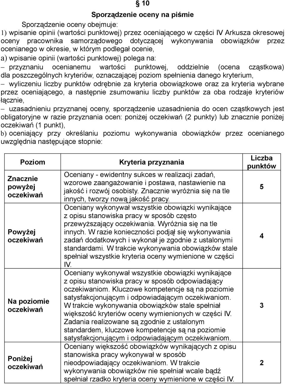 dla poszczególnych kryteriów, oznaczającej poziom spełnienia danego kryterium, wyliczeniu liczby punktów odrębnie za kryteria obowiązkowe oraz za kryteria wybrane przez oceniającego, a następnie