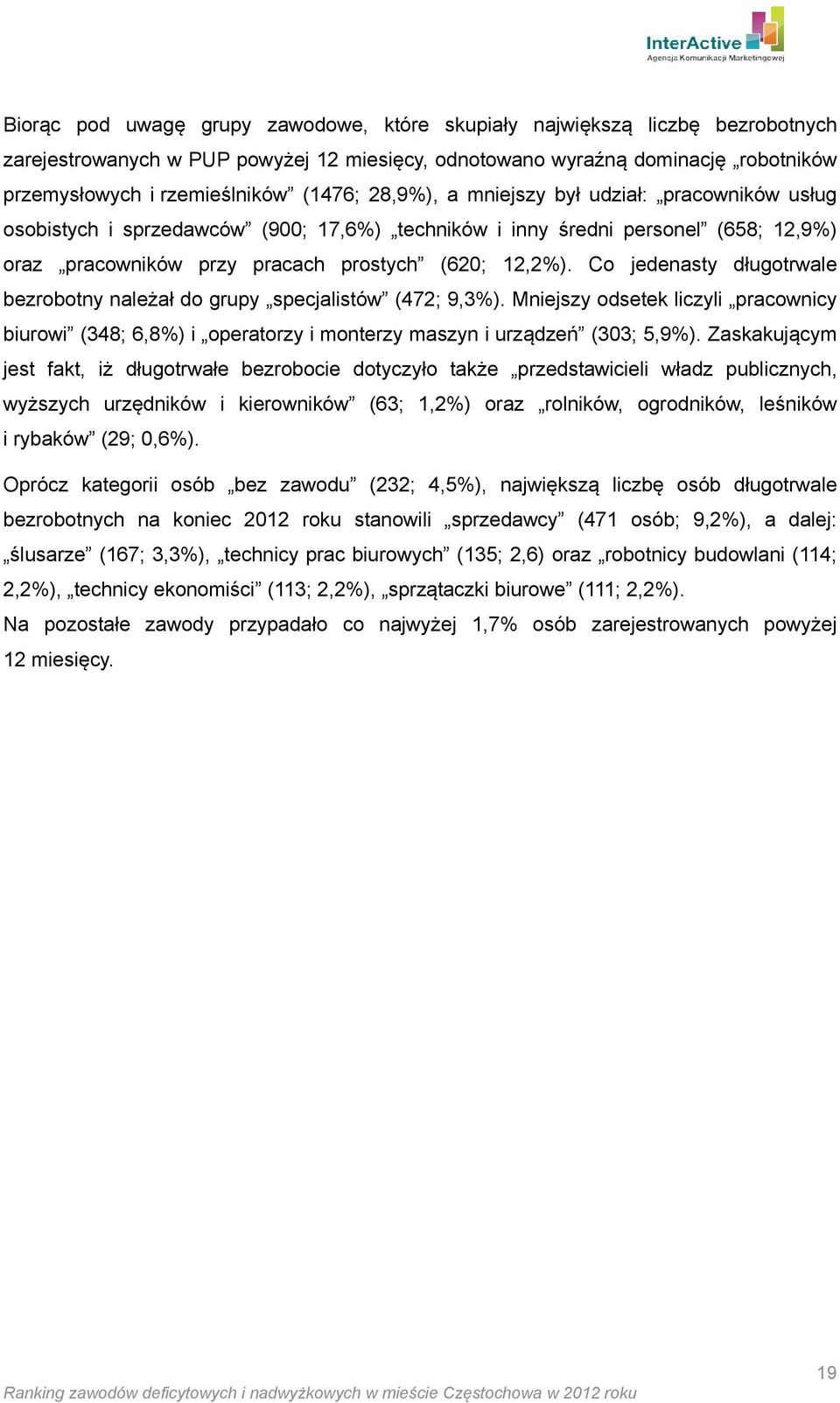 Co jedenasty długotrwale bezrobotny należał do grupy specjalistów (472; 9,3%). Mniejszy odsetek liczyli pracownicy biurowi (348; 6,8%) i operatorzy i monterzy maszyn i urządzeń (303; 5,9%).