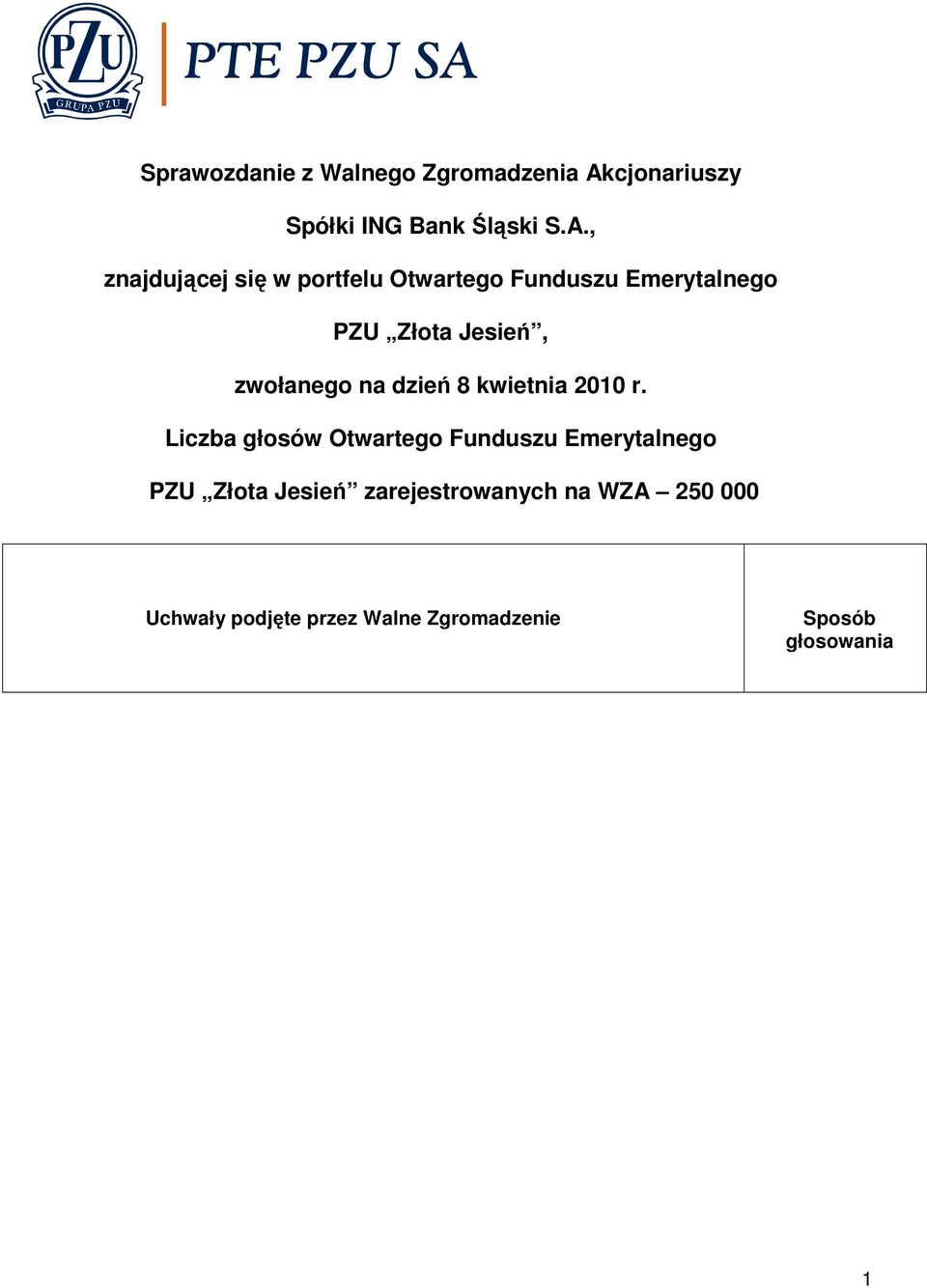 , znajdującej się w portfelu Otwartego Funduszu Emerytalnego PZU Złota Jesień,