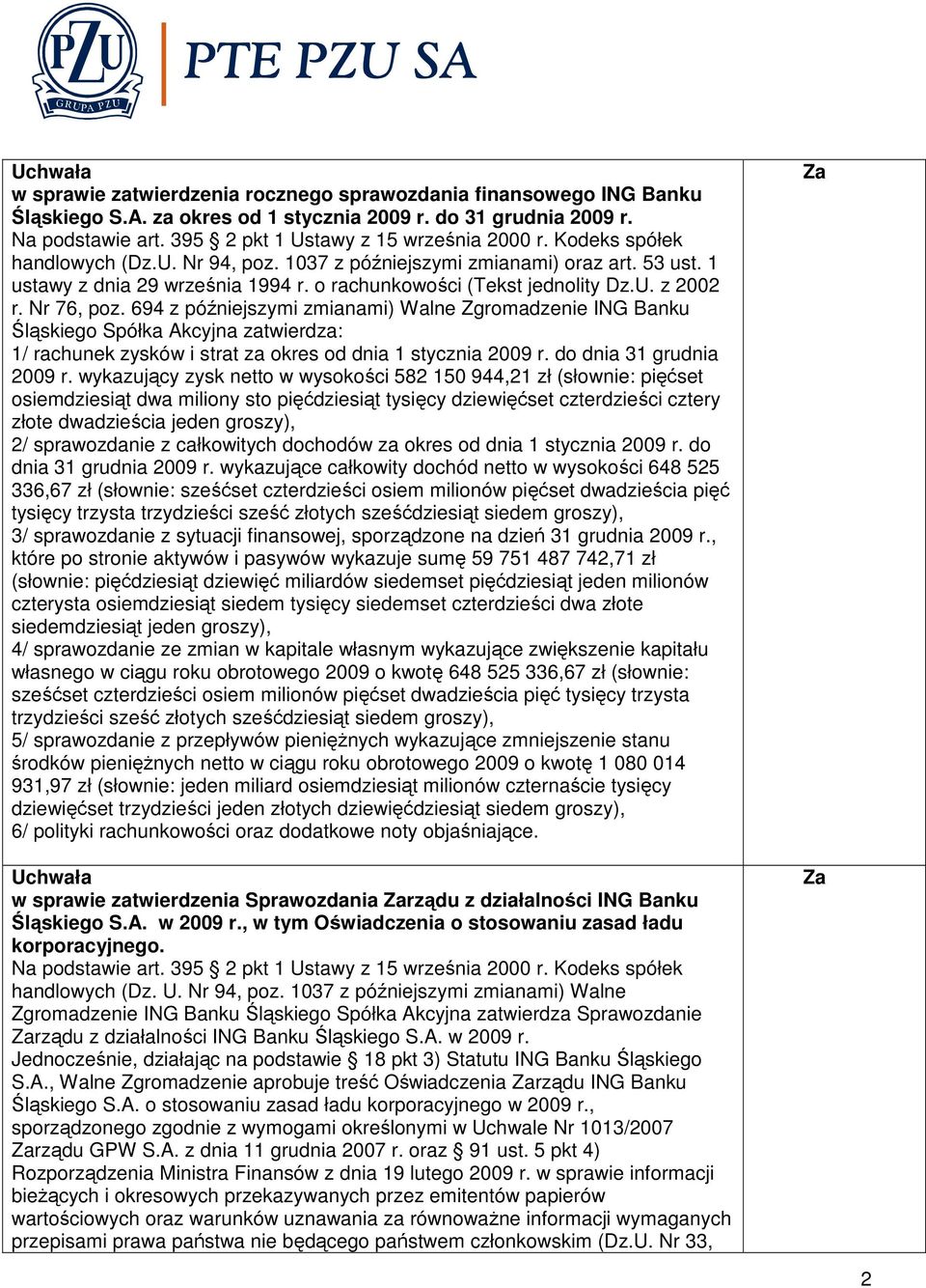 694 z późniejszymi zmianami) Walne Zgromadzenie ING Banku Śląskiego Spółka Akcyjna zatwierdza: 1/ rachunek zysków i strat za okres od dnia 1 stycznia 2009 r. do dnia 31 grudnia 2009 r.