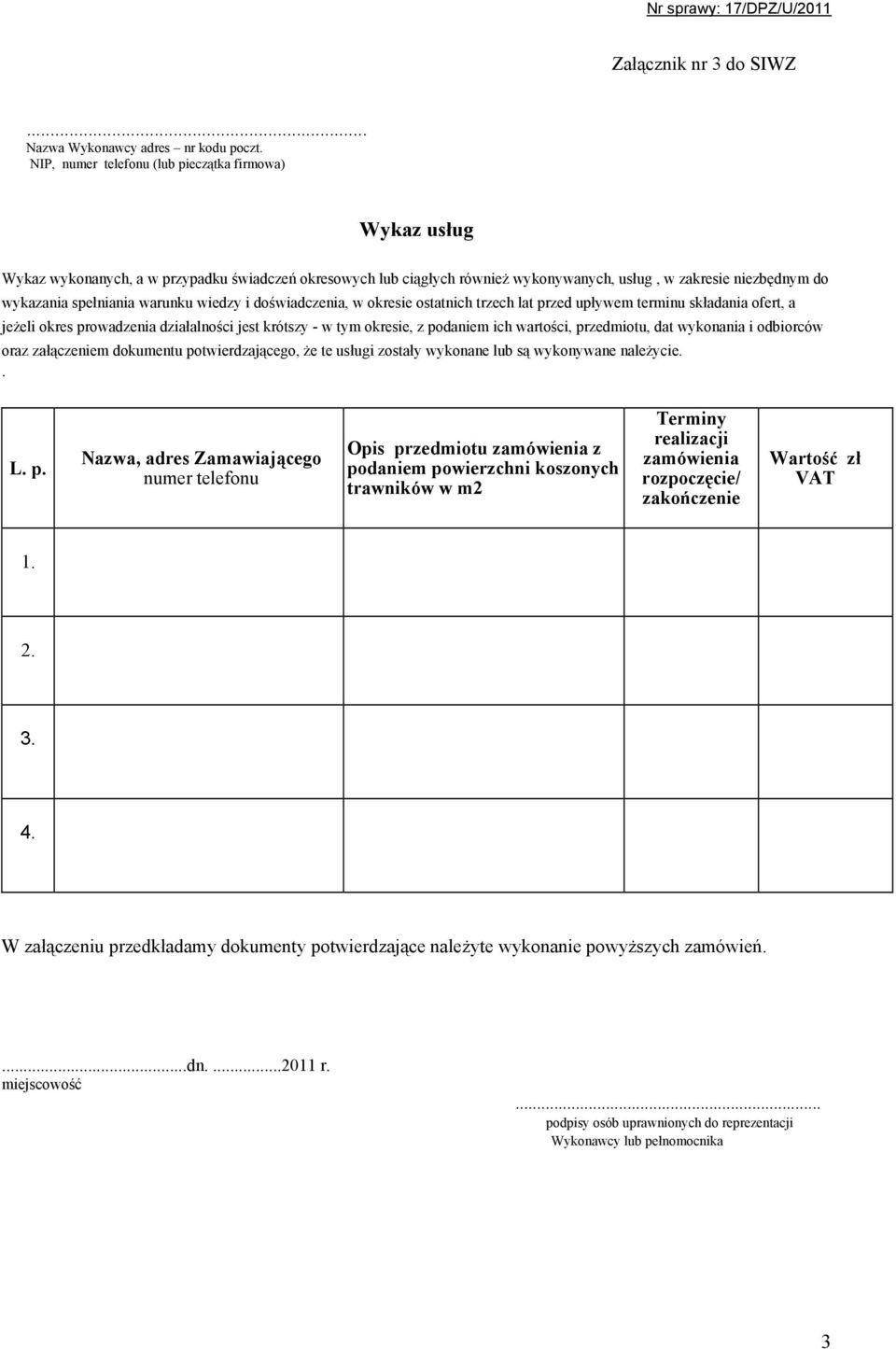 ostatnich trzech lat przed upływem terminu składania ofert, a jeŝeli okres prowadzenia działalności jest krótszy - w tym okresie, z podaniem ich wartości, przedmiotu, dat wykonania i odbiorców oraz