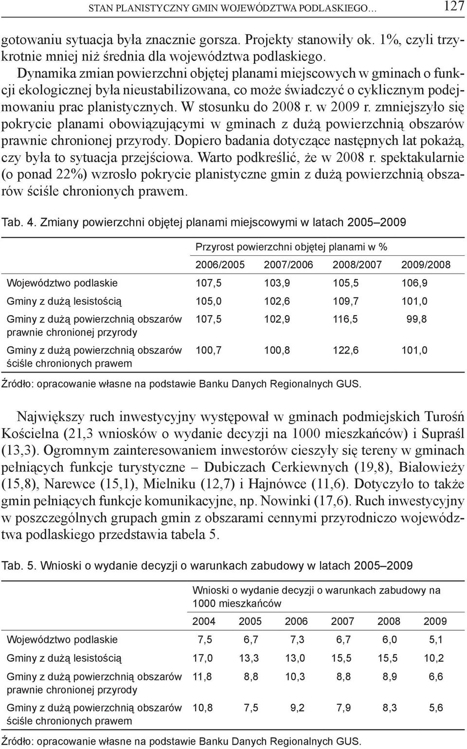 w 2009 r. zmniejszyło się pokrycie planami obowiązującymi w gminach z dużą powierzchnią obszarów prawnie chronionej przyrody.