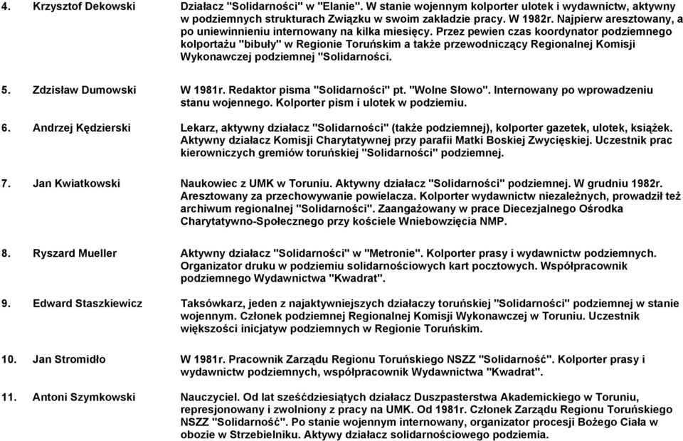 Przez pewien czas koordynator podziemnego kolportażu "bibuły" w Regionie Toruńskim a także przewodniczący Regionalnej Komisji Wykonawczej podziemnej "Solidarności. 5. Zdzisław Dumowski W 1981r.