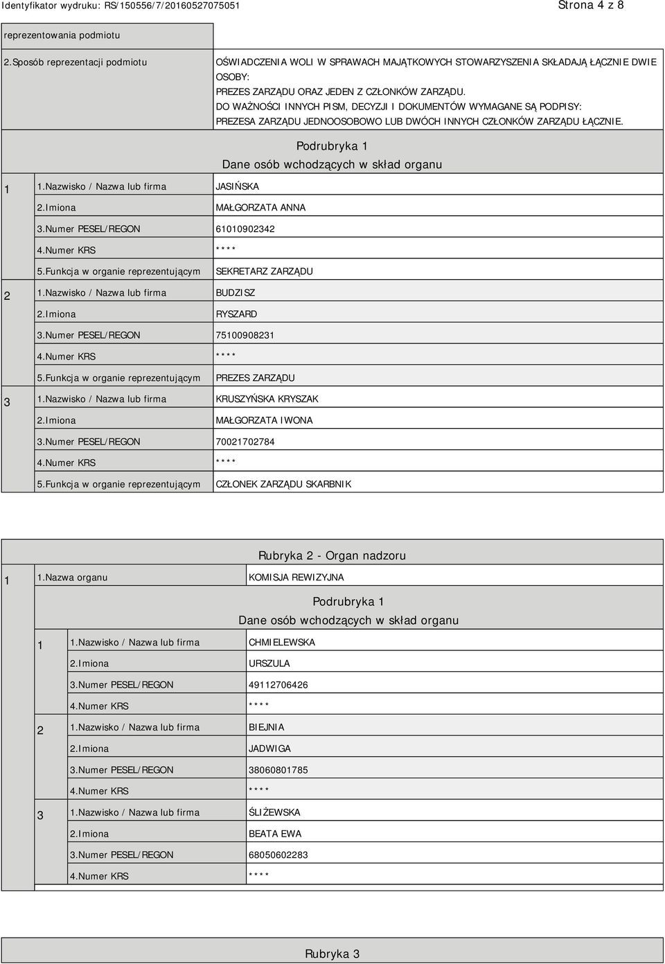 Nazwisko / Nazwa lub firma JASIŃSKA Podrubryka 1 Dane osób wchodzących w skład organu MAŁGORZATA ANNA 3.Numer PESEL/REGON 61010902342 5.Funkcja w organie reprezentującym SEKRETARZ ZARZĄDU 2 1.