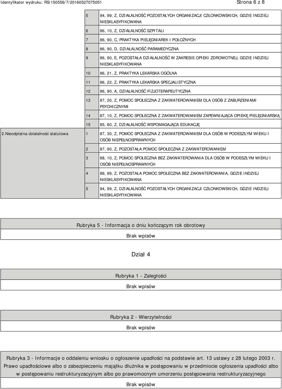 DZIAŁALNOŚĆ FIZJOTERAPEUTYCZNA 13 87, 20, Z, POMOC SPOŁECZNA Z ZAKWATEROWANIEM DLA OSÓB Z ZABURZENIAMI PSYCHICZNYMI 14 87, 10, Z, POMOC SPOŁECZNA Z ZAKWATEROWANIEM ZAPEWNIAJĄCA OPIEKĘ PIELĘGNIARSKĄ