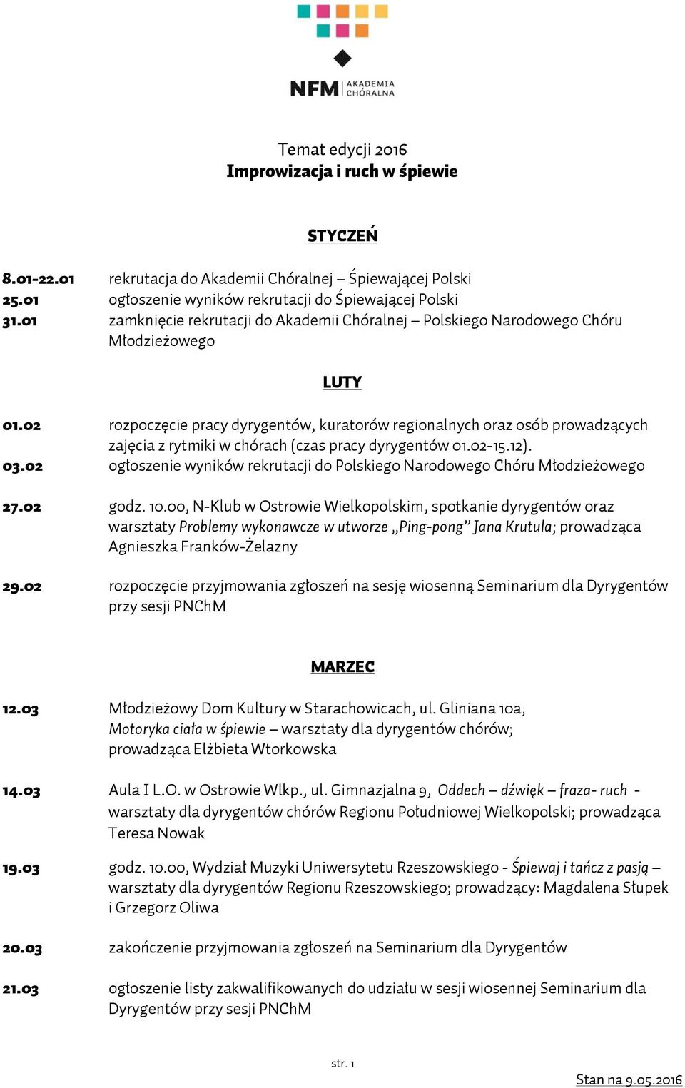 02 rozpoczęcie pracy dyrygentów, kuratorów regionalnych oraz osób prowadzących zajęcia z rytmiki w chórach (czas pracy dyrygentów 01.02-15.12). 03.