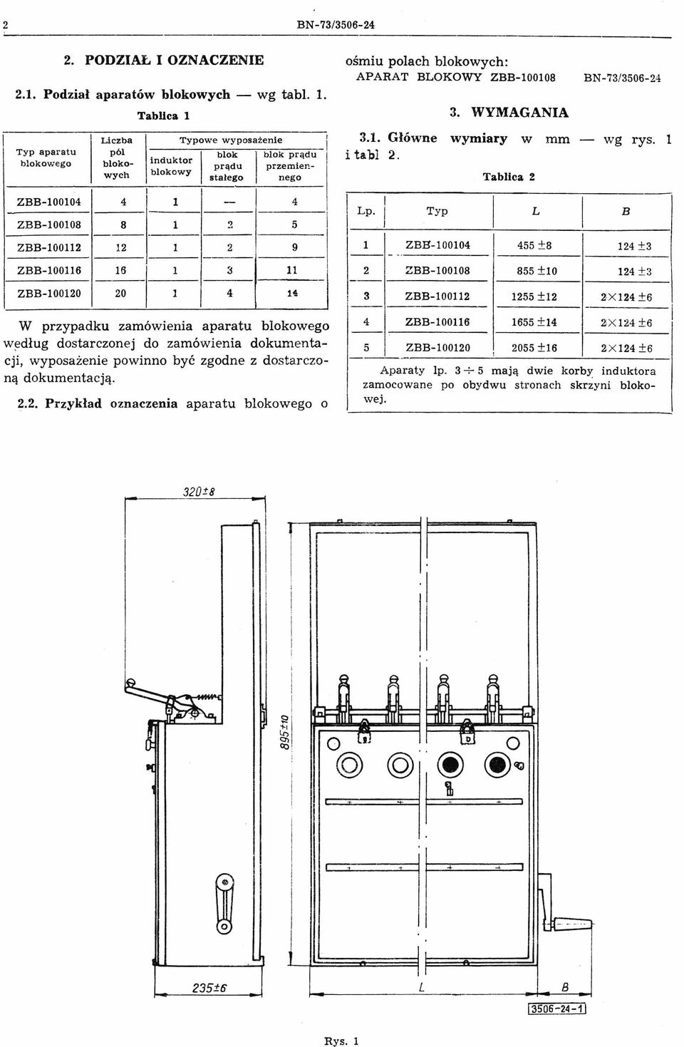 1. Główne wymiary w mm wg rys. 1 i tabl 2. Lp. J Tablica 2 Typ L B \ l ZBB100104 455 ±8 124 ±3 _.