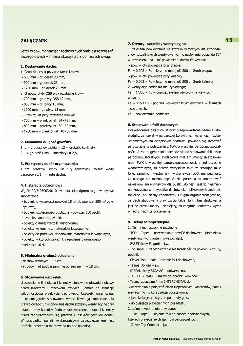Przekrój łat przy rozstawie krokwi: 700 mm przekrój łat: 24 48 mm, 800 mm przekrój łat: 30 50 mm, 1200 mm przekrój łat: 40 60 mm. 2. Minimalna długość gwoździ. 1. L = grubość gwoździa 12 + grubość kontrłaty, 2.