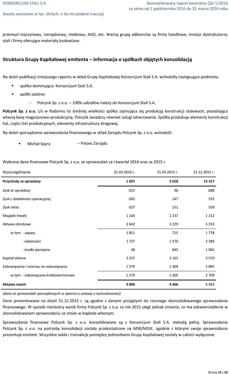 wchodziły następujące podmioty: spółka dominująca: Konsorcjum Stali S.A. spółki zależne: Polcynk Sp. z o.o. 100% udziałów należy do Konsorcjum Stali S.A. Polcynk Sp. z o.o. z/s w Radomiu to średniej wielkości spółka zajmująca się produkcją konstrukcji stalowych, posiadająca własną bazę magazynowo-produkcyjną.