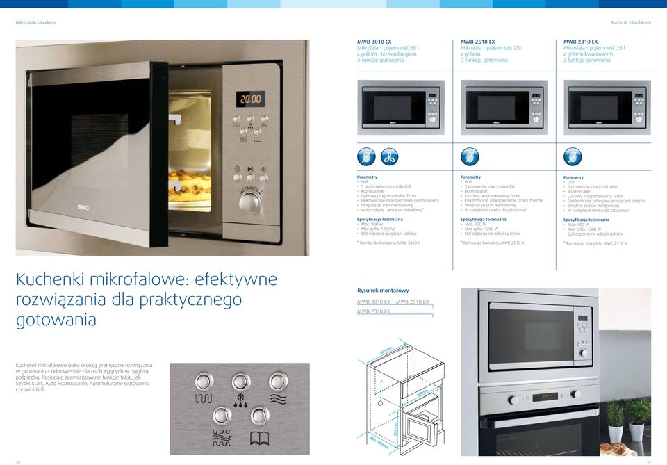 W komplecie ramka do zabudowy* Moc: 900 W Moc grilla: 1200 W Stal odporna na odciski palców * Ramka do kompletu MWK 3010 X Grill 5 poziomów mocy mikrofali Rozmrażanie Cyfrowy programowalny Timer