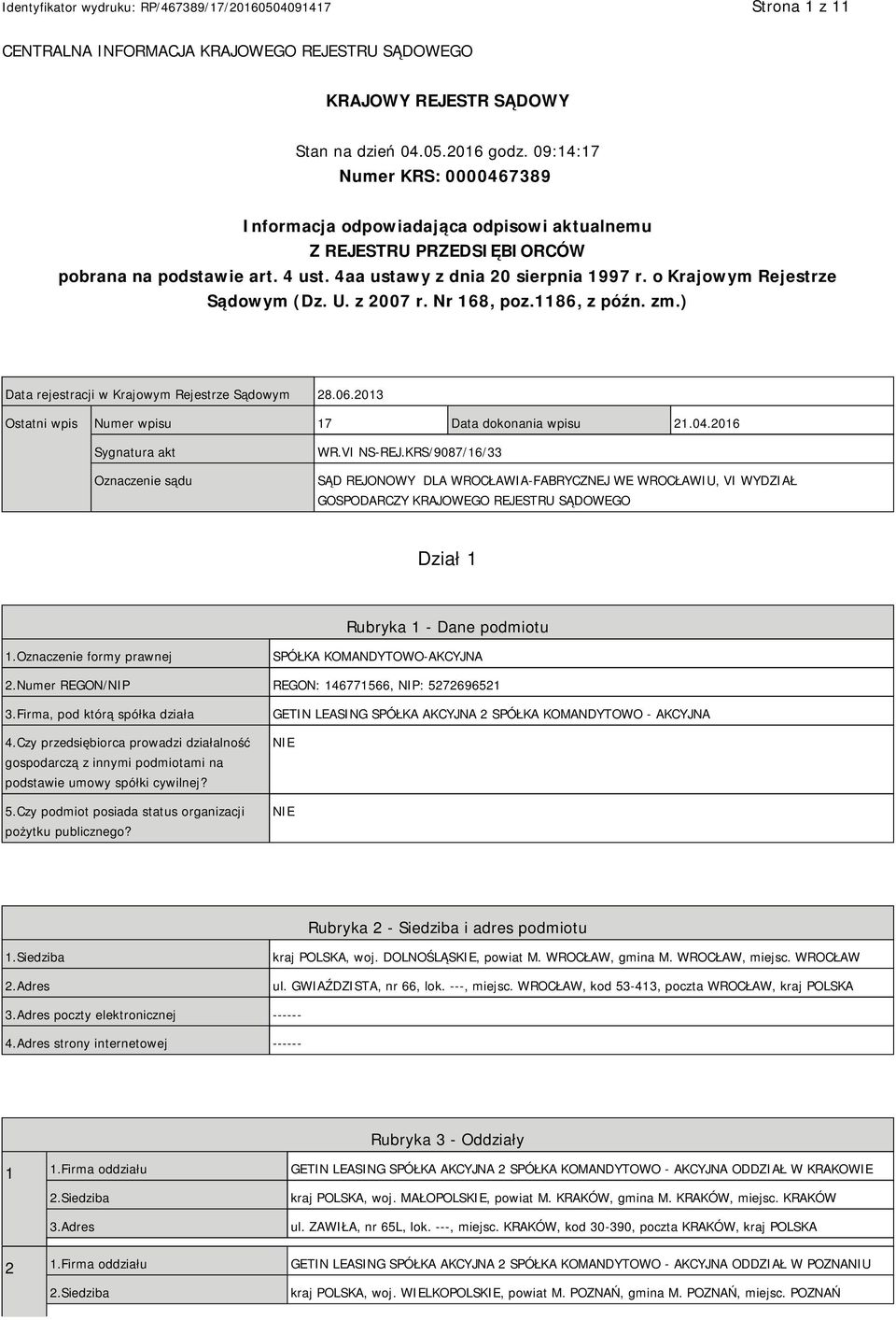 o Krajowym Rejestrze Sądowym (Dz. U. z 2007 r. Nr 168, poz.1186, z późn. zm.) Data rejestracji w Krajowym Rejestrze Sądowym 28.06.2013 Ostatni wpis Numer wpisu 17 Data dokonania wpisu 21.04.