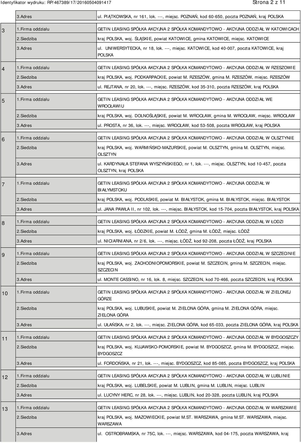 ---, miejsc. KATOWICE, kod 40-007, poczta KATOWICE, kraj 4 1.Firma oddziału GETIN LEASING SPÓŁKA AKCYJNA 2 SPÓŁKA KOMANDYTOWO - AKCYJNA ODDZIAŁ W RZESZOWIE kraj, woj. PODKARPACKIE, powiat M.