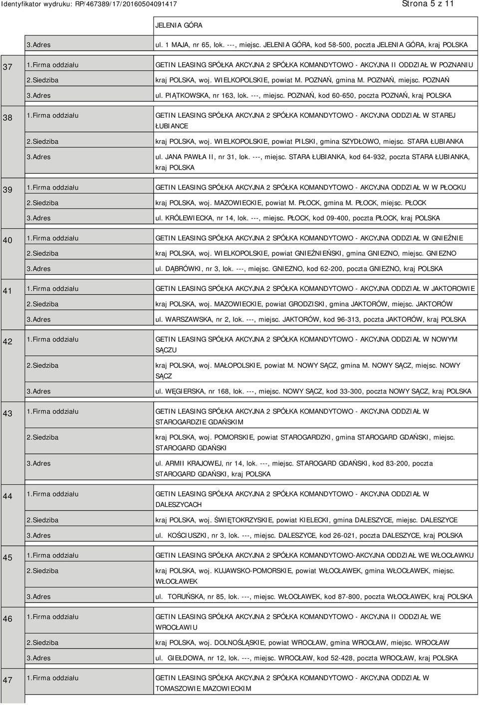 PIĄTKOWSKA, nr 163, lok. ---, miejsc. POZNAŃ, kod 60-650, poczta POZNAŃ, kraj 38 1.Firma oddziału GETIN LEASING SPÓŁKA AKCYJNA 2 SPÓŁKA KOMANDYTOWO - AKCYJNA ODDZIAŁ W STAREJ ŁUBIANCE kraj, woj.