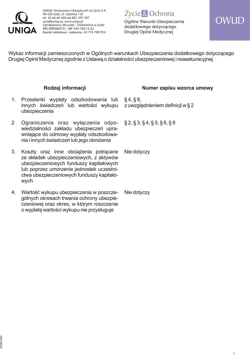 pl Sąd Rejonowy dla Łodzi - Śródmieścia w Łodzi KRS 0000005751, NIP 554-100-15-22 Kapitał zakładowy i wpłacony: 42 774 700 PLN Życie & Ochrona Ogólne Warunki Ubezpieczenia dodatkowego dotyczącego