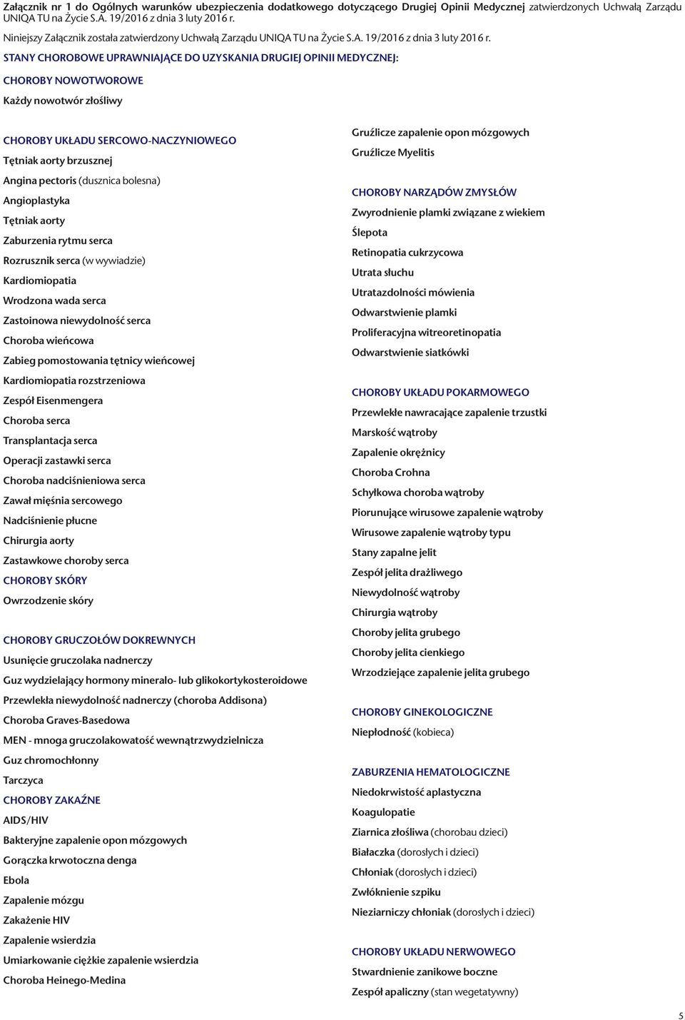 STANY CHOROBOWE UPRAWNIAJĄCE DO UZYSKANIA DRUGIEJ OPINII MEDYCZNEJ: CHOROBY NOWOTWOROWE Każdy nowotwór złośliwy CHOROBY UKŁADU SERCOWO-NACZYNIOWEGO Tętniak aorty brzusznej Angina pectoris (dusznica