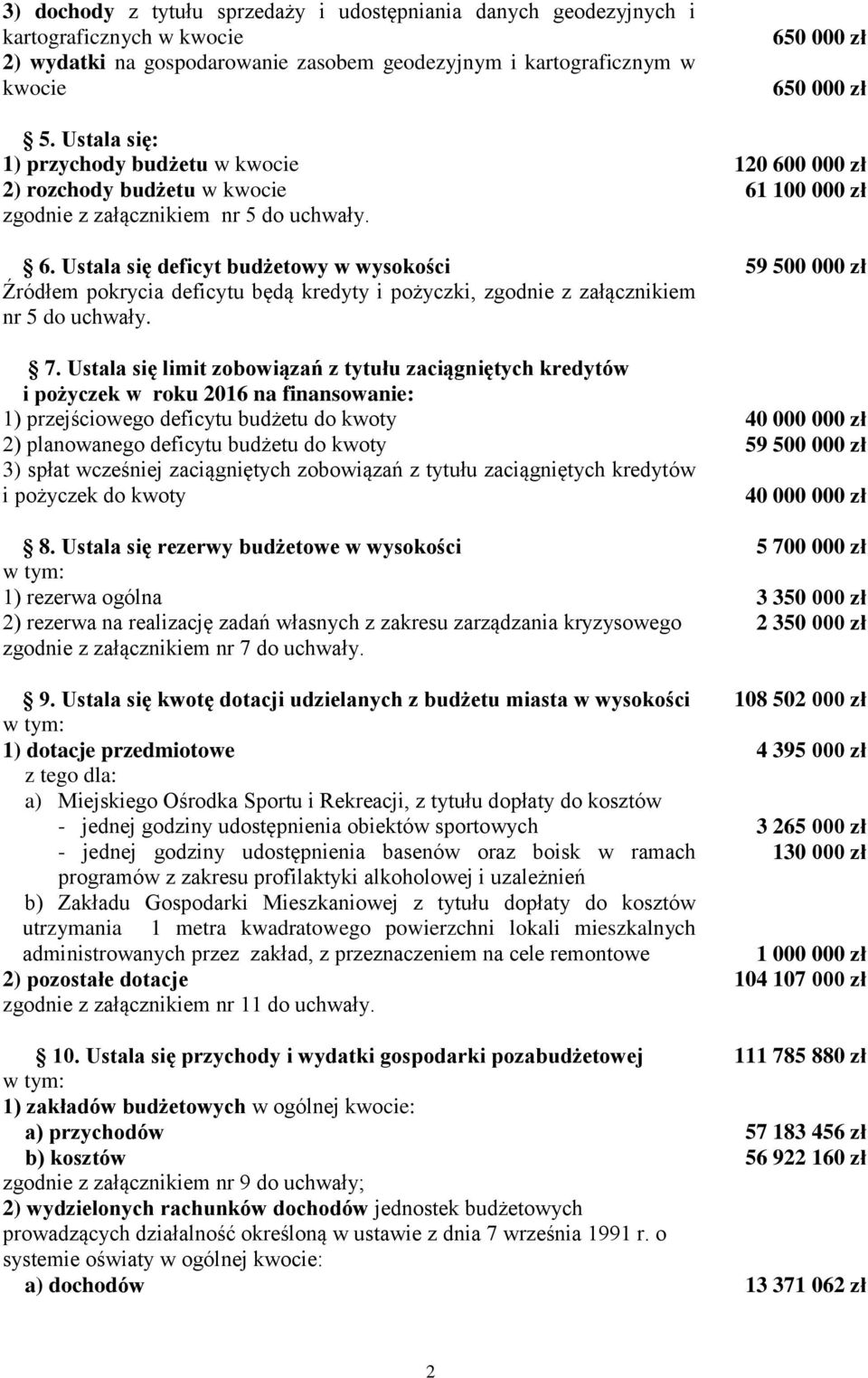 Ustala się deficyt budżetowy w wysokości Źródłem pokrycia deficytu będą kredyty i pożyczki, zgodnie z załącznikiem nr 5 do uchwały. 7.