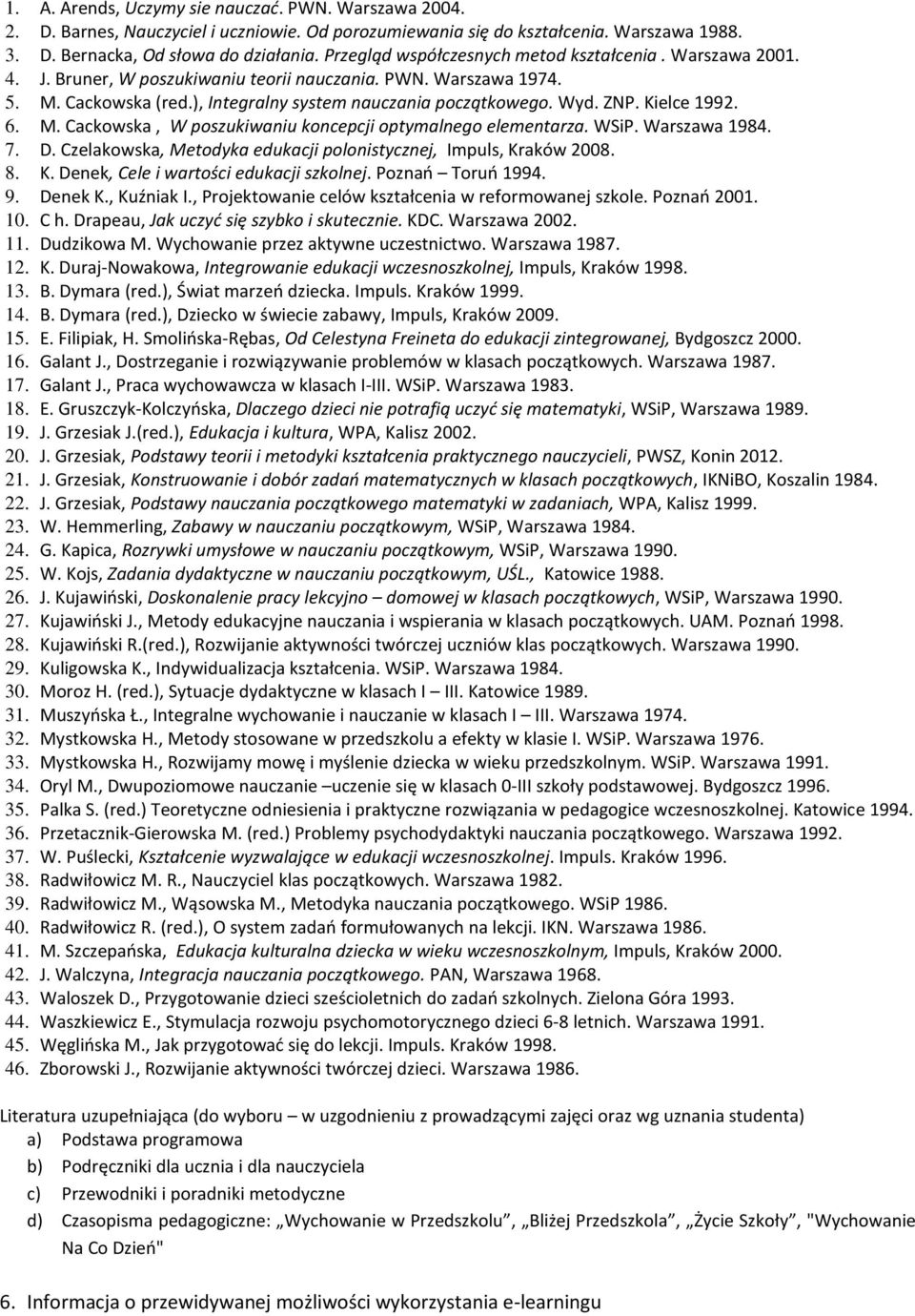 Kielce 1992. 6. M. Cackowska, W poszukiwaniu koncepcji optymalnego elementarza. WSiP. Warszawa 1984. 7. D. Czelakowska, Metodyka edukacji polonistycznej, Impuls, Kr