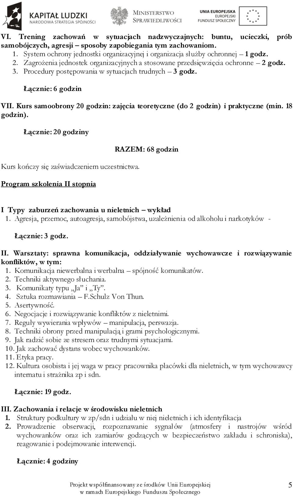 Procedury postępowania w sytuacjach trudnych 3 godz. Łącznie: 6 godzin VII. Kurs samoobrony 20 godzin: zajęcia teoretyczne (do 2 godzin) i praktyczne (min. 18 godzin).