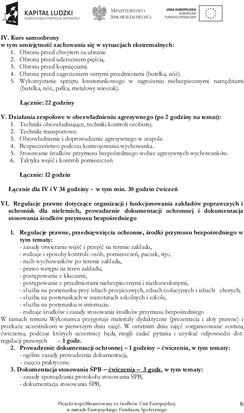 Łącznie: 22 godziny V. Działania zespołowe w obezwładnieniu agresywnego (po 2 godziny na temat): 1. Techniki obezwładniające, techniki kontroli osobistej. 2. Techniki transportowe. 3.