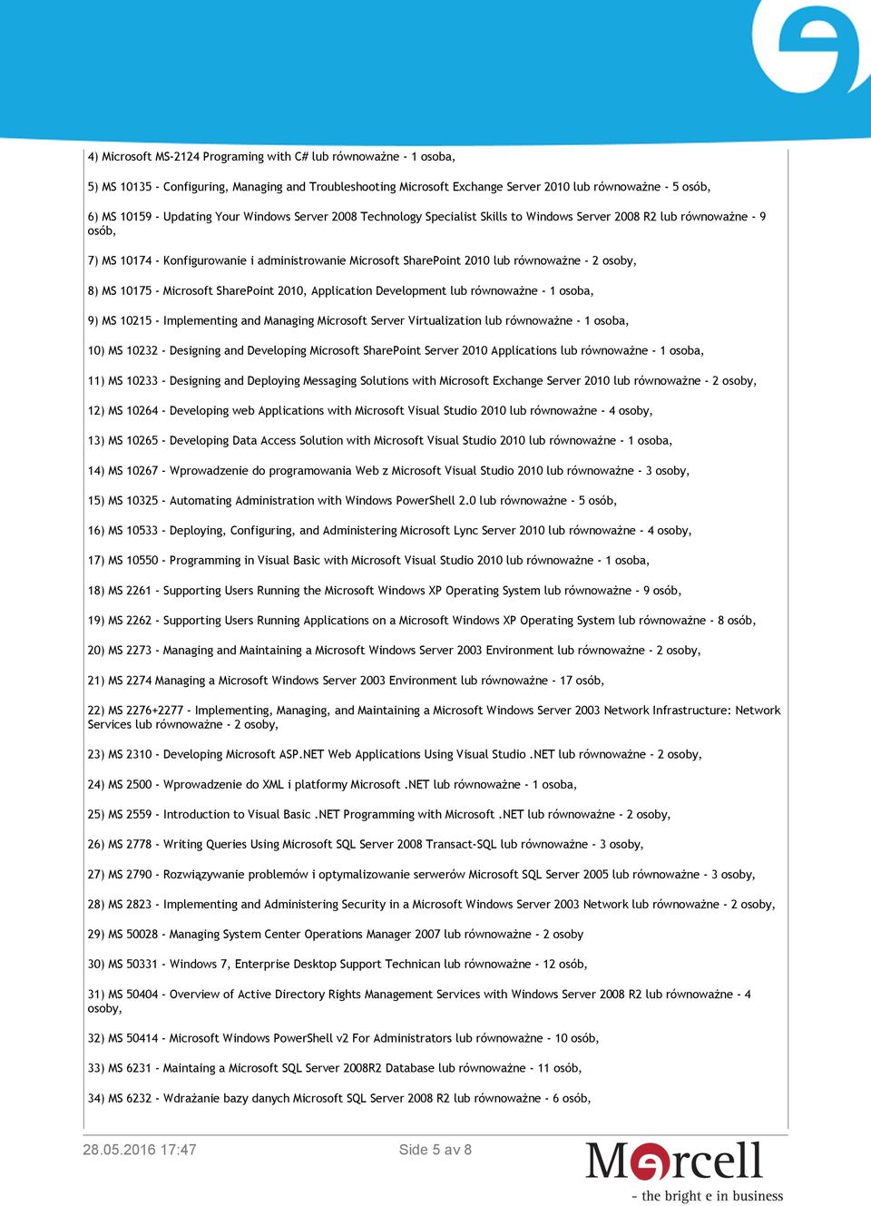 równoważne - 2 osoby, 8) MS 10175 - Microsoft SharePoint 2010, Application Development lub równoważne - 1 osoba, 9) MS 10215 - Implementing and Managing Microsoft Server Virtualization lub równoważne