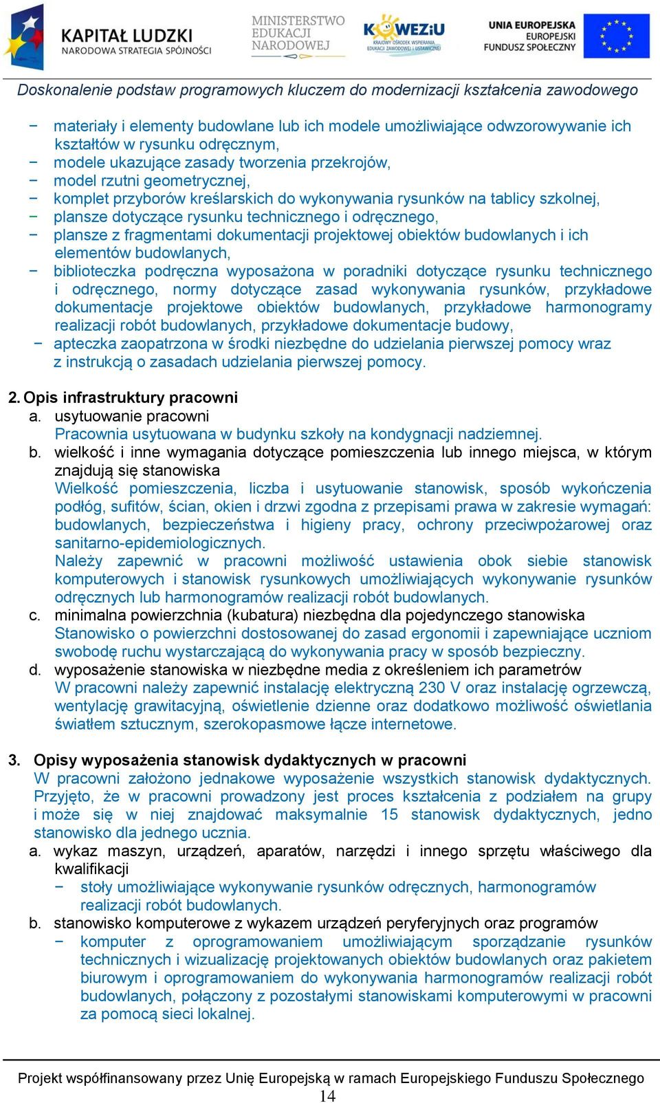 elementów budowlanych, biblioteczka podręczna wyposażona w poradniki dotyczące rysunku technicznego i odręcznego, normy dotyczące zasad wykonywania rysunków, przykładowe dokumentacje projektowe