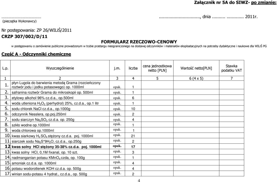 odczynników i materiałów eksploatacyjnych na potrzeby dydaktyczne i naukowe dla WILiŚ PG Część A - Odczynniki chemiczne L.p. Wyszczególnienie j.m. liczba cena jednostkowa netto [PLN] Wartość netto[pln] Stawka podatku VAT 1 2 3 4 5 6 (4 x 5) 7 płyn Lugola do barwienia metodą Grama (rozcieńczony 1.