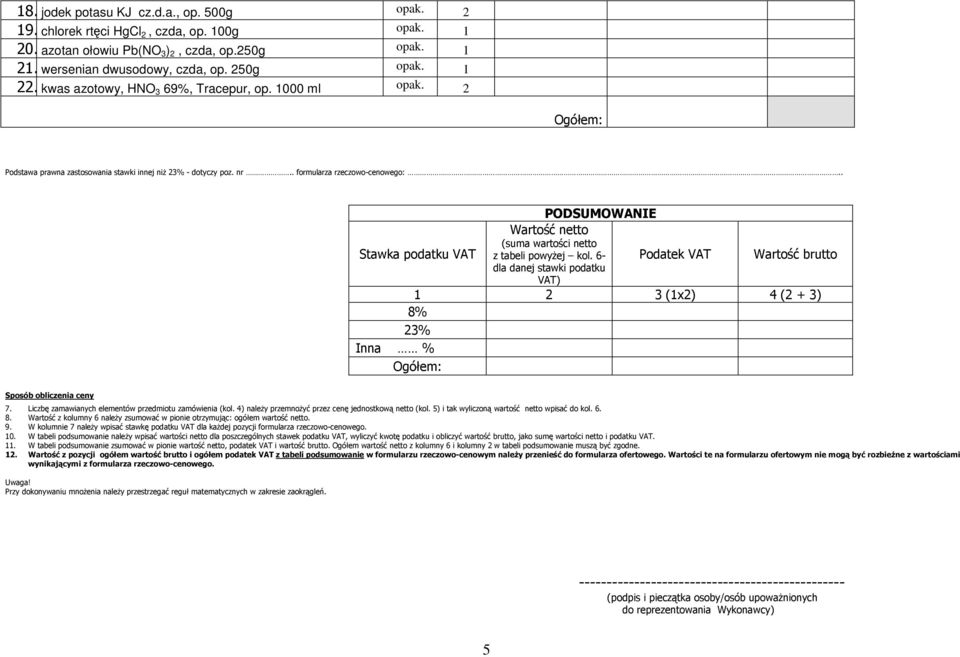 . PODSUMOWANIE Wartość netto Stawka podatku VAT (suma wartości netto z tabeli powyŝej kol.