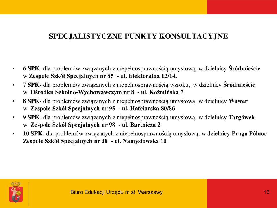 Koźmińska 7 8 SPK- dla problemów związanych z niepełnosprawnością umysłową, w dzielnicy Wawer w Zespole Szkół Specjalnych nr 95 - ul.