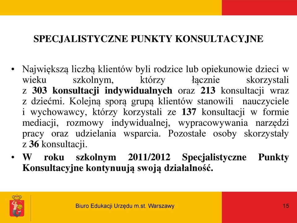 Kolejną sporą grupą klientów stanowili nauczyciele i wychowawcy, którzy korzystali ze 137 konsultacji w formie mediacji, rozmowy indywidualnej,