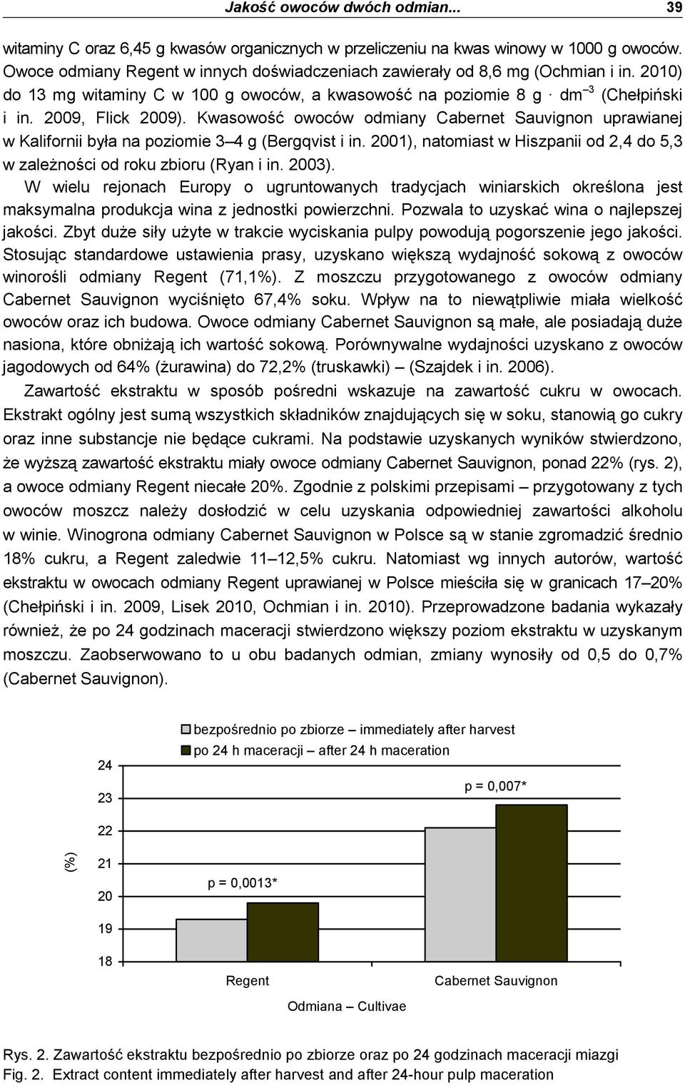Kwasowość owoców odmiany Cabernet Sauvignon uprawianej w Kalifornii była na poziomie 3 4 g (Bergqvist i in. 2001), natomiast w Hiszpanii od 2,4 do 5,3 w zaleŝności od roku zbioru (Ryan i in. 2003).
