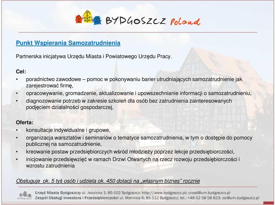 samozatrudnieniu, diagnozowanie potrzeb w zakresie szkoleń dla osób bez zatrudnienia zainteresowanych podjęciem działalności gospodarczej, Oferta: konsultacje indywidualne i grupowe, organizacja