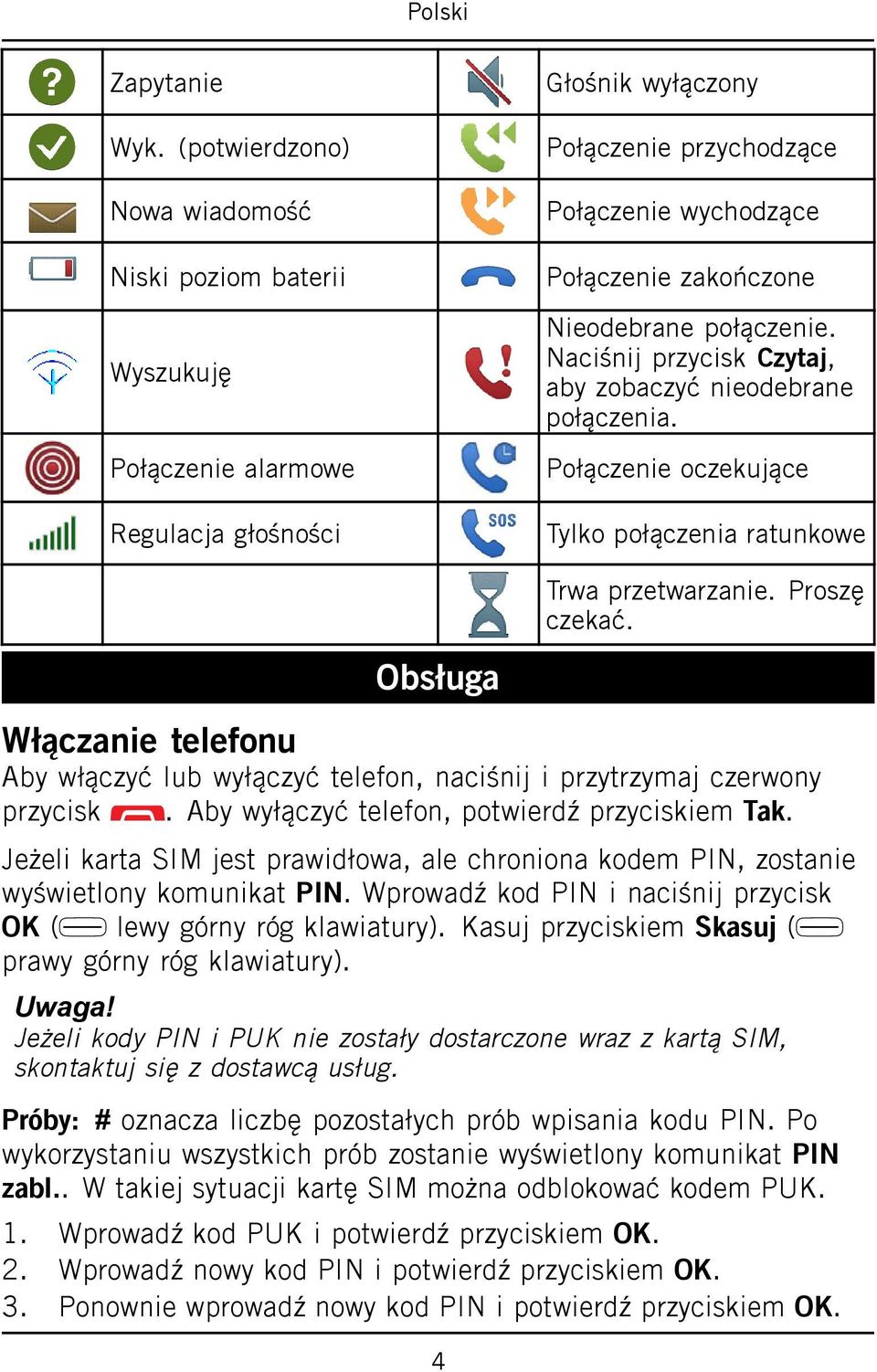 połączenie. Naciśnij przycisk Czytaj, aby zobaczyć nieodebrane połączenia. Połączenie oczekujące Tylko połączenia ratunkowe Włączanie telefonu Obsługa Trwa przetwarzanie. Proszę czekać.