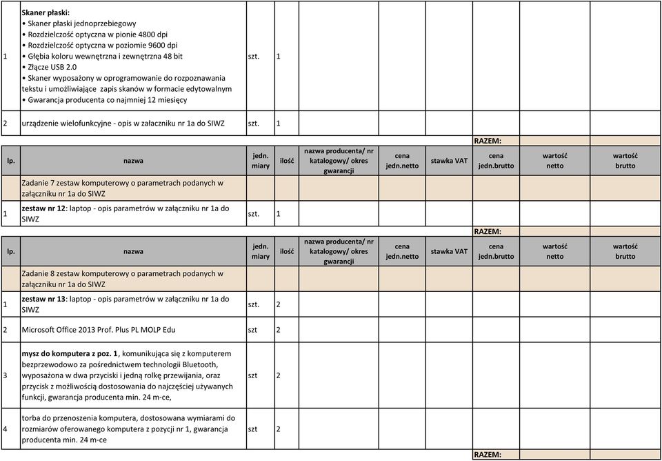 załaczniku nr a do SIWZ Zadanie 7 zestaw komputerowy o parametrach podanych w zestaw nr 2: laptop - opis parametrów w załączniku nr a do SIWZ Zadanie 8 zestaw komputerowy o parametrach podanych w