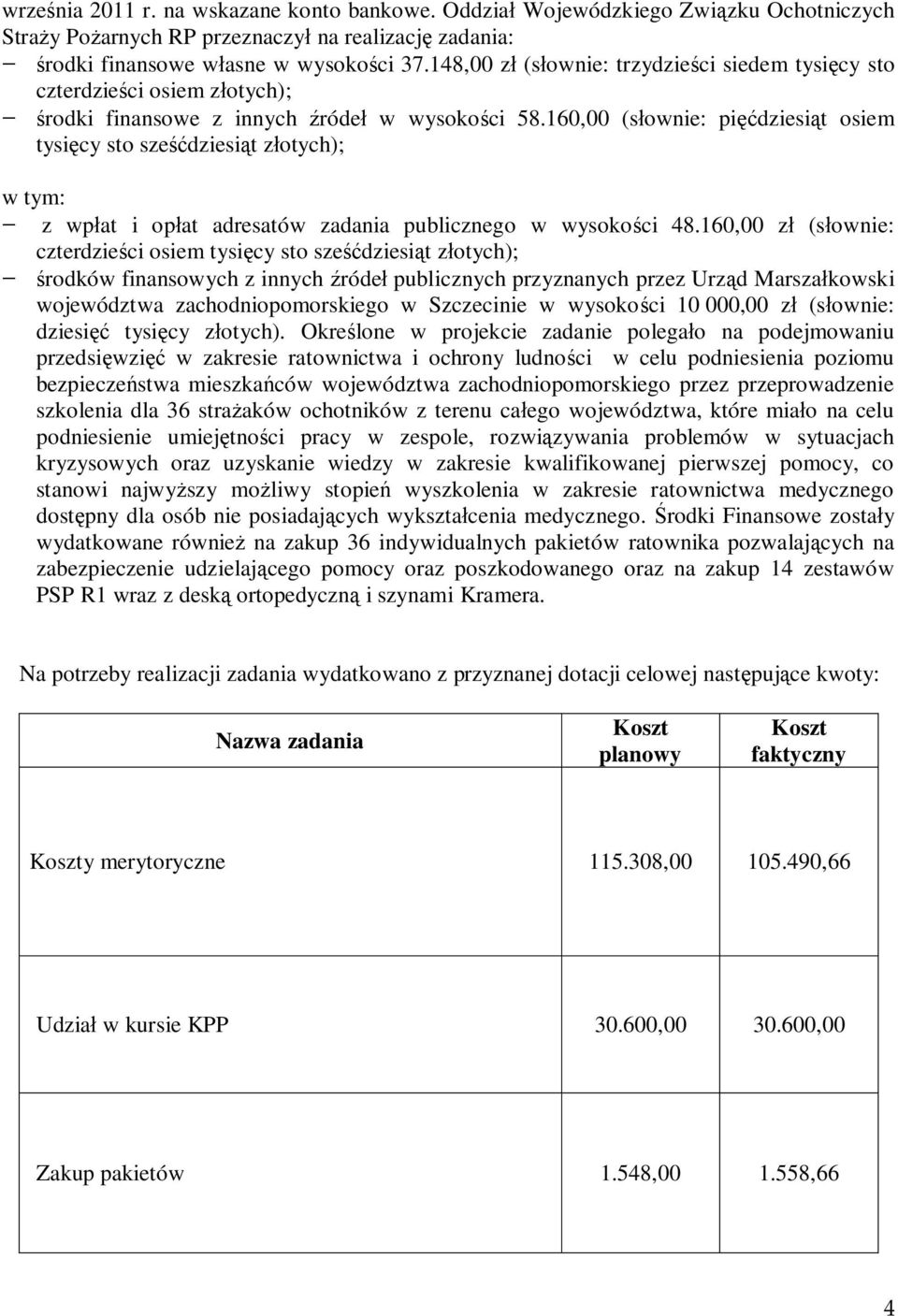 160,00 (słownie: pięćdziesiąt osiem tysięcy sto sześćdziesiąt złotych); w tym: z wpłat i opłat adresatów zadania publicznego w wysokości 48.