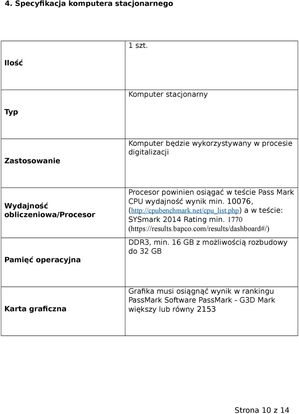 Procesor powinien osiągać w teście Pass Mark CPU wydajność wynik min. 10076, (http://cpubenchmark.net/cpu_list.
