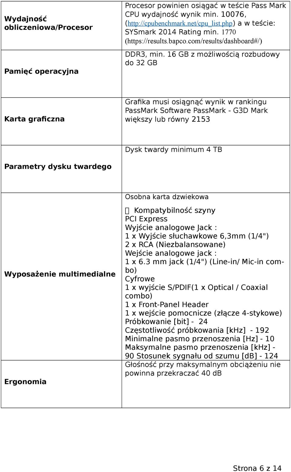 16 GB z możliwością rozbudowy do 32 GB Karta graficzna Grafika musi osiągnąć wynik w rankingu PassMark Software PassMark - G3D Mark większy lub równy 2153 Dysk twardy minimum 4 TB Parametry dysku