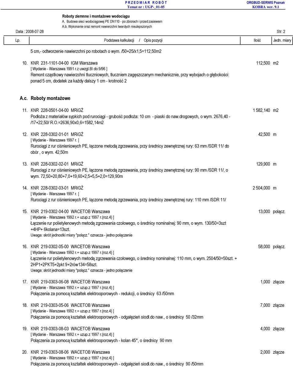 krotność 2 A.c. Roboty montaŝowe 11. KNR 228-0501-04-00 MRiGś 1 582,140 m2 PodłoŜa z materiałów sypkich pod rurociągi - grubość podłoŝa: 10 cm - piaski do naw.drogowych, o wym. 2676,40 - /17+22,50/ R.