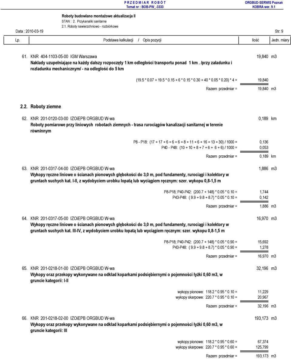 5 * 0.07 + 19.5 * 0.15 + 6 * 0.15 * 0.30 + 40 * 0.05 * 0.20) * 4 = 19,840 19,840 m3 2.2. Roboty ziemne 62.