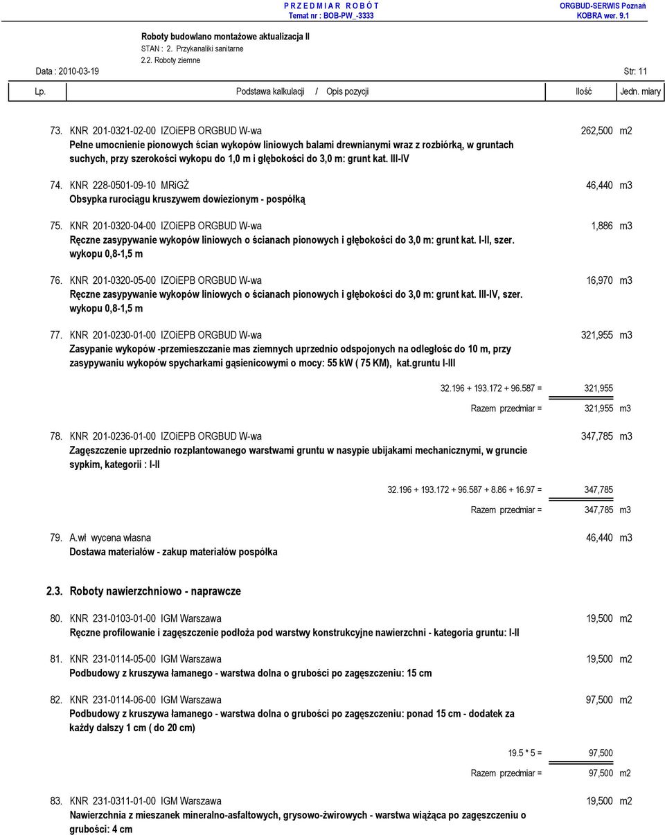 głębokości do 3,0 m: grunt kat. III-IV 74. KNR 228-0501-09-10 MRiGś 46,440 m3 Obsypka rurociągu kruszywem dowiezionym - pospółką 75.