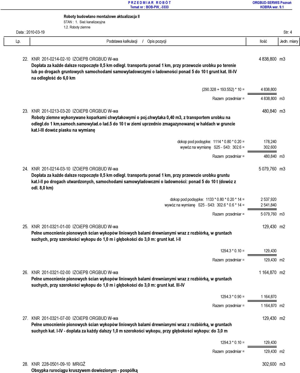 552) * 10 = 4 838,800 4 838,800 m3 23. KNR 201-0213-03-20 IZOiEPB ORGBUD W-wa 480,840 m3 Roboty ziemne wykonywane koparkami chwytakowymi o poj.chwytaka 0,40 m3, z transportem urobku na odległ.