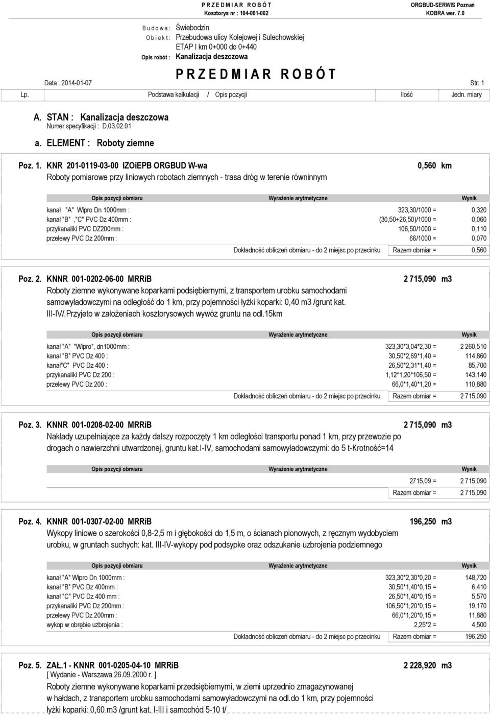 KNR 201-0119-03-00 IZOiEPB ORGBUD W-wa 0,560 km Roboty pomiarowe przy liniowych robotach ziemnych - trasa dróg w terenie równinnym kanał "A" Wipro Dn 1000mm : 323,30/1000 = 0,320 kanał "B","C" PVC Dz