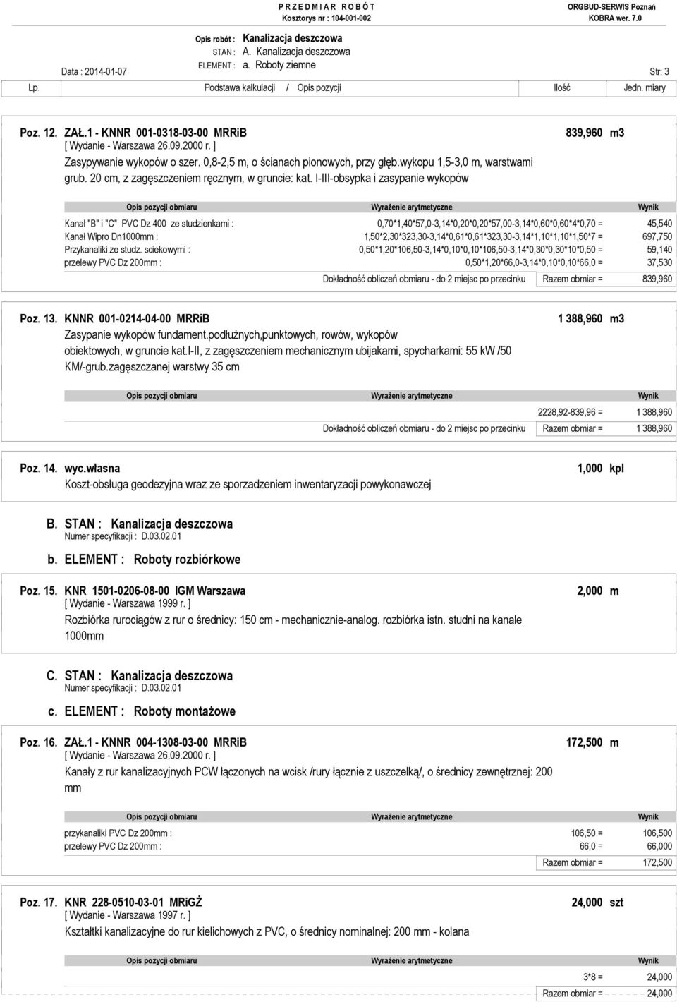 I-III-obsypka i zasypanie wykopów Kanał "B" i "C" PVC Dz 400 ze studzienkami : 0,70*1,40*57,0-3,14*0,20*0,20*57,00-3,14*0,60*0,60*4*0,70 = 45,540 Kanał Wipro Dn1000mm :