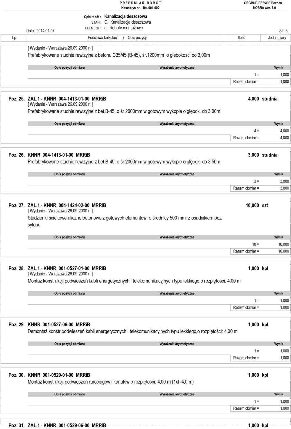 KNNR 004-1413-01-00 MRRiB 3,000 studnia Prefabrykowane studnie rewizyjne z bet.b-45, o śr.2000mm w gotowym wykopie o głębok. do 3,50m 3 = 3,000 Razem obmiar = 3,000 Poz. 27. ZAŁ.